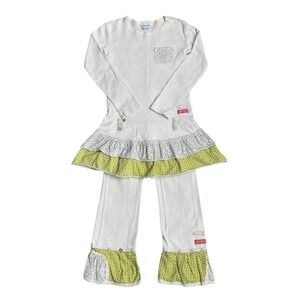 NAARTJIE Kids Tunic Dress Leggings Set Size 6‎ Cream Green Ruffle Boho Artsy Fun